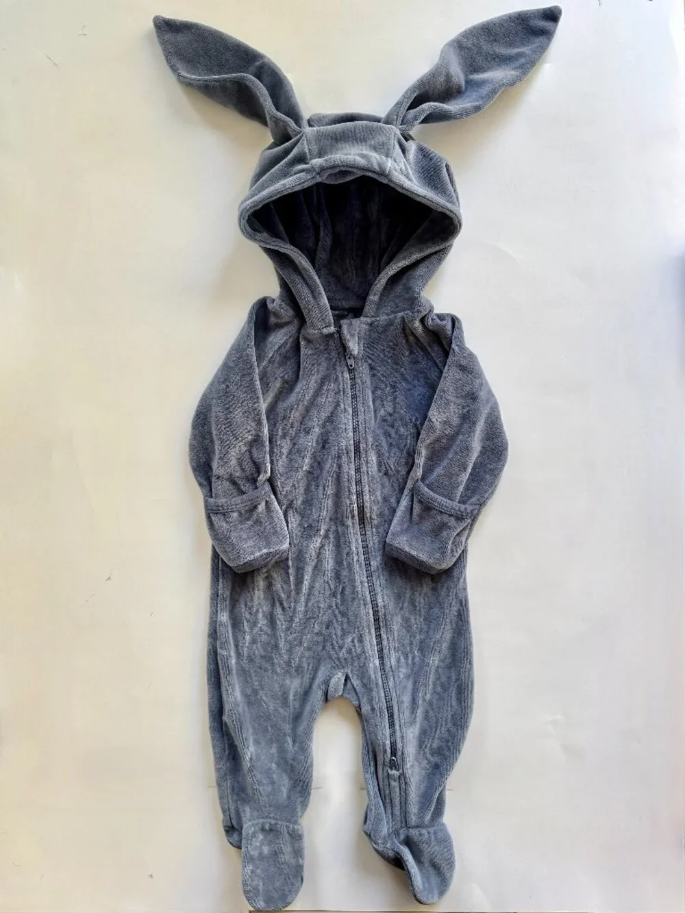 Baby Bunny Ears Hooded Velour Footed Romper Gray Zip Fits 6-12M EUC